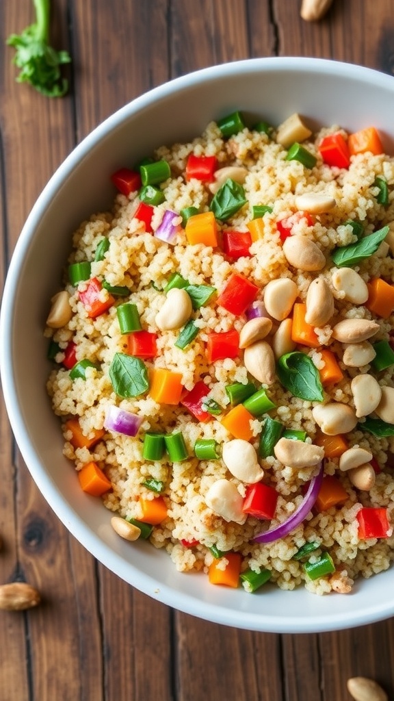 A colorful Thai quinoa salad with bell peppers, carrots, and herbs, topped with peanuts on a wooden table.